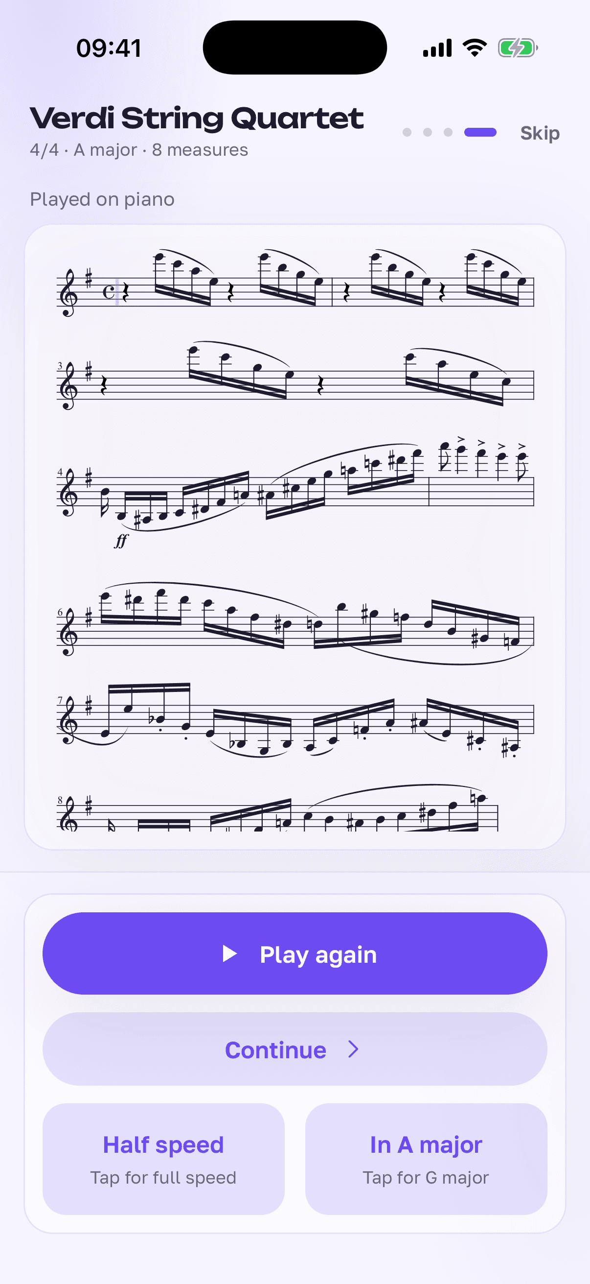The Half speed and In A major buttons under the score.