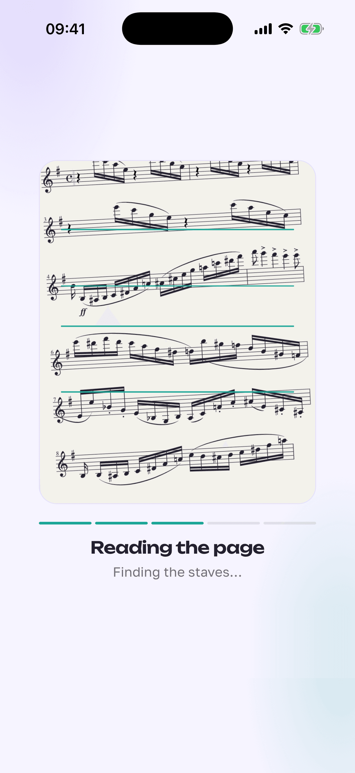 The recognition screen: a photographed violin part with teal scan lines across it, and the caption Reading the page.